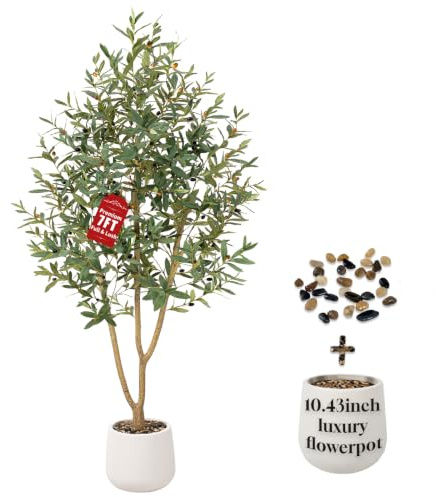 Keeplush olivträd konstgjord 210 cm, konstgjorda växter stor med vit kruka – 1 230 realistiska blad och 41 verklighetstrogna oliver, konstgjorda växter dekoration perfekt för kontor, vardagsrum och