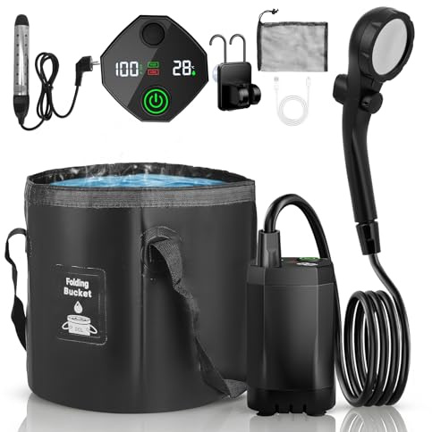 Ovshnrr Camping Dusche mit Heizstab, Outdoor Dusche mit Pumpe, USB-Aufladung, Digitaldisplay und Schnellaufheizung - 6000mAh Portable Shower für Camping, Garten, Auto, Haustier (Mit Eimer)