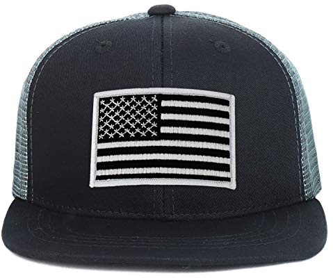 Armycrew Youth Kid's Black White American Flag Patch Flat Bill Snapback Trucker Cap - Black Grey