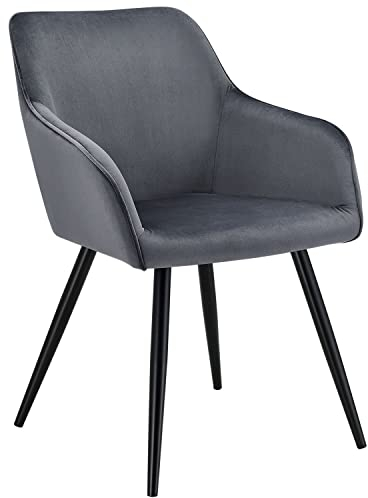 Juskys Esszimmerstuhl Tarje mit Rückenlehne & Armlehne, Metallbeine, Samt Bezug, bis 110 kg belastbar, Stuhl Esszimmer Küchenstuhl Polsterstuhl - dunkelgrau