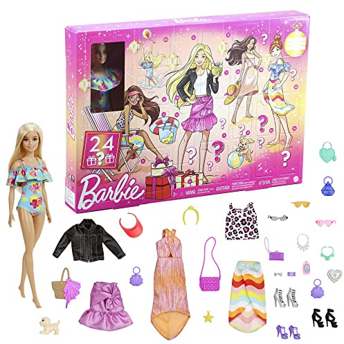 Barbie-adventskalender med Barbie-docka, 24 överraskningar inklusive trendiga kläder och tillbehör som passar för både dag och kväll, för barn mellan 3 och 7 år, GXD64