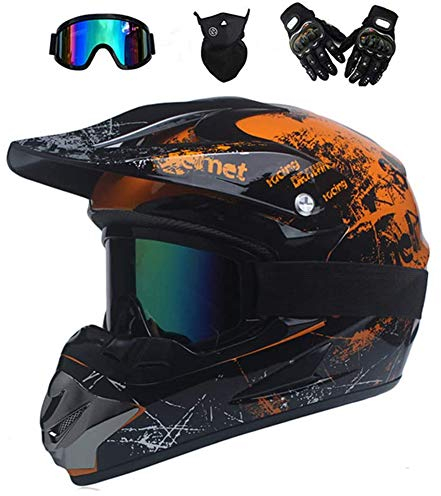 UIGJIOG Moto Casco Cross Country D. O. T Certificazione Endurance Race ATV ATV Casco, Casco di Sicurezza Stereo Traspirante Include Occhiali/Guanti/Maschera,Arancia,L(56~57cm)