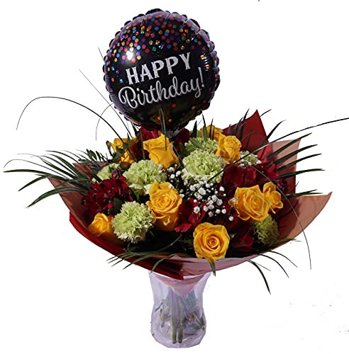 Fluffy Fresh Flowers Bouquet with Happy Balloon, Summer Floral Arrangement Giftting, Yellow Rose and green carnations for Birthday Celebrations, Thoughtful Present Delivered - Occasion