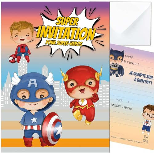 Lola et Louis (L&L) 10 cartes invitation anniversaire en Français • 10 enveloppes • Thèmes super-héros (Spiderman, Flash, Captain America, Batman) • Cartons pour inviter filles et garçons