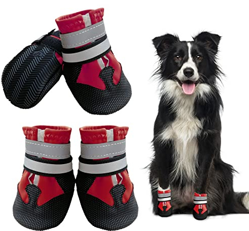 NeuWee Botas para Perros,4Piezas Zapatos Impermeables para Perros con Correas Reflectantes Ajustables y Suela Antideslizante,Botas Protectoras de la Pata del Perro para Perros Pequeños y Grandes,Rojo