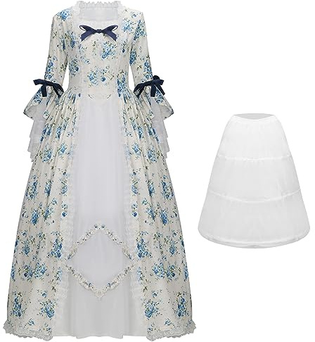 NUWIND Abito da Ballo Rococò Donna Costume da Abito Gotico Vittoriano Stampa Floreale Retrò Rinascimento Vintage Medievale Elegante Cocktail Lolita Pizzo Corsetto Ballo (M, Floreale azzurro)