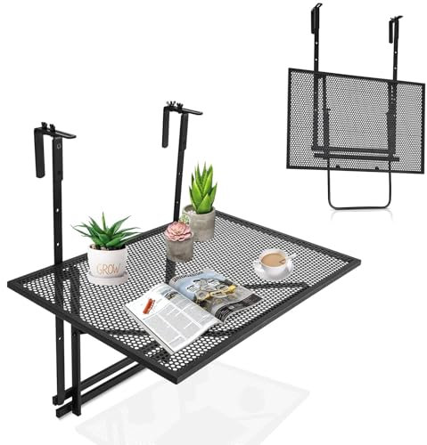 RELAX4LIFE Tavolino da Appendere con Ganci Regolabile, Tavolo Pieghevole con Rete in Metallo, Uso Esterno e Interno per Balcone e Ringhiera, Buona Portata di 15kg, Nero (60,5x50,5x83cm)
