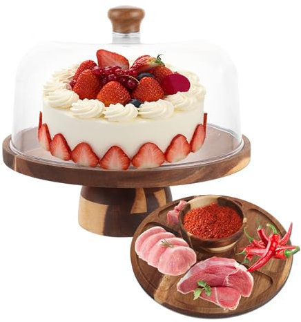 Oungy Piatto per torta in legno con base e cappa, Ø 30 cm, in legno, con coperchio in acrilico, per cupcakes, tè pomeridiano, torte, feste