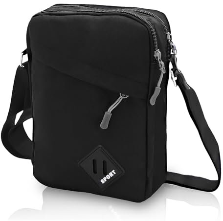 Geebymol Mens Shoulder Bag Nylon and Oxford Crossbody Bag, Messenger Bag with Zipper and Adjustable Strap, Casual Chest Sling Bag, Mens Gifts (Black)