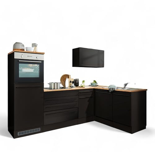 Jazz 6 - Cocina esquinera moderna sin electrodomésticos en color negro mate, aspecto de roble Lanzelot, amplia cocina en forma de L con mucho espacio de almacenamiento, 260 x 200 x 60 cm (ancho x alto