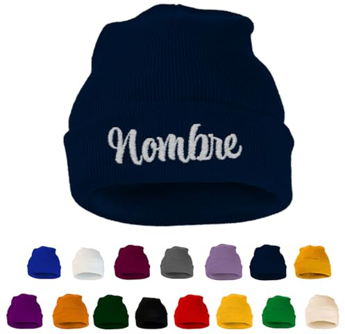 ZPUBLI+ Gorro de Invierno Personalizado en Bordado.Beanie Hombre,Mujer y niños. Gorro de Punto,Lana, cumpleaños,Aniversario,San Valentin. (FR/ES, Letras, Talla única, Adulto, Azul Marino)