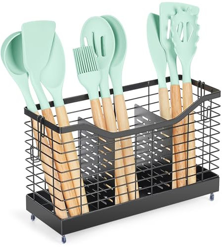 GRKJGytech Küchenutensilienhalter für Küchentheke, Schwarzer Besteckhalter, Mit rutschfesten Gummifüßen Küchenutensilien Kitchen Arbeitsplatte Organizer, Kochlöffelhalter, Besteck schwarz matt