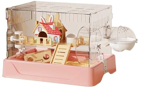 RTTZBOZ Hamsterbur - Träningshjul, Vattenflaska, Sandbadrum, Bärbara Råttburar, Hamster Habitat Small Animal Critter Inhägnad för Hamstrar, Möss, Gerbiler(Pink)