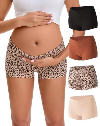 INNERSY mammakalsonger dam bomull graviditets-boxershorts underkläder undermagen 4-pack, Svart/rödbrun/beige/leopard, L