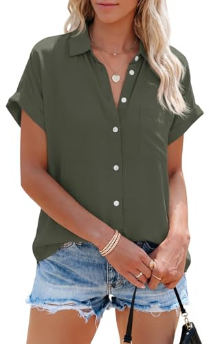 Cicy Bell Blusa de manga corta para mujer, diseño de rayas, cuello en V, camisa a rayas para verano, informal, con botones