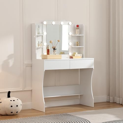 FOREST GRAVITY Small Makeup Vanity Desk litet sminkbord med spegel och belysning, 2 lådor, sminkbord, 3 justerbara färgljusstyrkenivåer, för sovrum, vitt (0140)