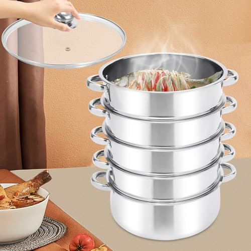 Olla de vapor de acero inoxidable de 5 niveles, olla de 28 cm, olla manti Mantowarka, olla de vapor, olla a presión, olla de vapor de acero inoxidable, olla de cocción lenta con tapa de cristal y asas
