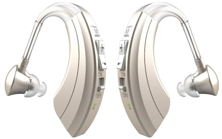 HIBRIQ Dispositivo sonoro ricaricabile, cancellazione del rumore e volume regolabile, 4 modalità dispositivo uditivo design BTE Comfort (2, Gold)