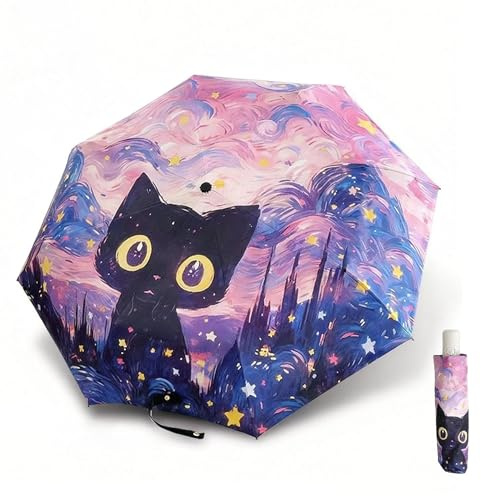 Maibar Plegable Paraguas para Mujer Protección UV SPF 50 UPF 50 Animal Gato patrón 3D Compacto Parasol de mano (Botón de Apertura Automática)