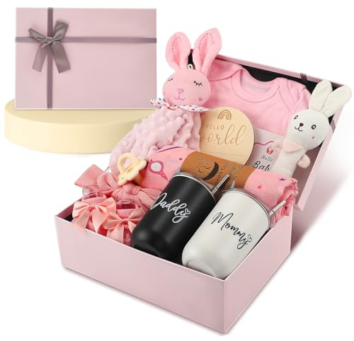 Regalo para recién nacidos, juego de regalo 12 en 1 para recién nacidos, con babero, manta, babero, calcetines, pañuelo triangular y Rattle, regalos para nacimiento para niños y niñas (rosa)