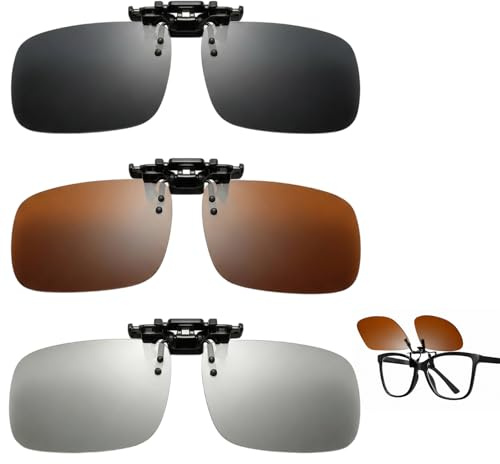 JaiZvt Flip Up Sunglasses Clip On, Clip On Sunglasses Over Prescription Glasses, 3PCS Polarised Clip On Sunglasses Mens Womens with Gray Brown Transition Lenses