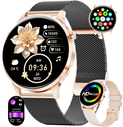HIRREO Montre Connectée Femme Ronde, Smartwatch Femme Ultrafin 7,99 mm 1,32 Écran Clair Appel Bluetooth, Montre Intelligente Santé Féminine Fréquence Cardiaque SpO2 Fitness Podomètre