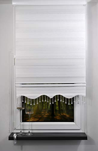 kskeskin Doppelrollo Breite 140 cm Länge 200 cm Duo Rollo Stoff mit Glitzer mit Alukassette, Volant mit Perlen in verschiedenen Breiten (MS01, 140)