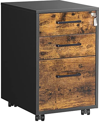 SONGMICS Rollcontainer, mobiler Aktenschrank mit Rollen, abschließbar, für Dokumente in DIN A4-, Legal- und Letter-Format, mit Hängeregistratur, Industries-Design, vintagebraun-schwarz OFC110B01