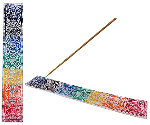 Bruciatore di incenso (incensiero). Incenso supporto piatto in alluminio. Design dei Chakra Colori smaltati fatti a mano in India.