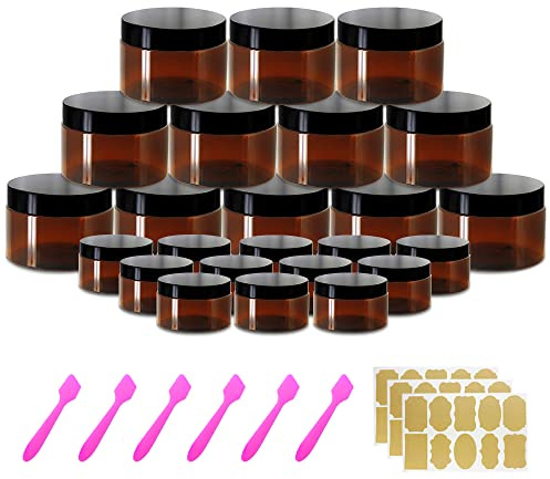 4 uns/120 ml bärnstensfärgade plastbehållare med lock, plastburkar med lock + 20 g/20 ml små behållare med lock (uppsättning av 24) kosmetisk provburk – för läppskrub, kroppssmör, kräm, slime,