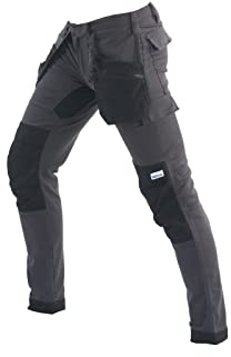 Bitco Pantalon de Travail – Poches Cargo, Déperlant et Anti-Huile, Poches pour Genouillères, Tissu Principal Extensible, Empiècements Flexibles, Renforts en Cordura®, Gris, 48