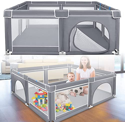 XMTECH Parque infantil para bebé, barrera para el centro de actividad, rejilla de protección, para niños y bebés, con base antideslizante, red transpirable, color gris, 127 x 127 cm