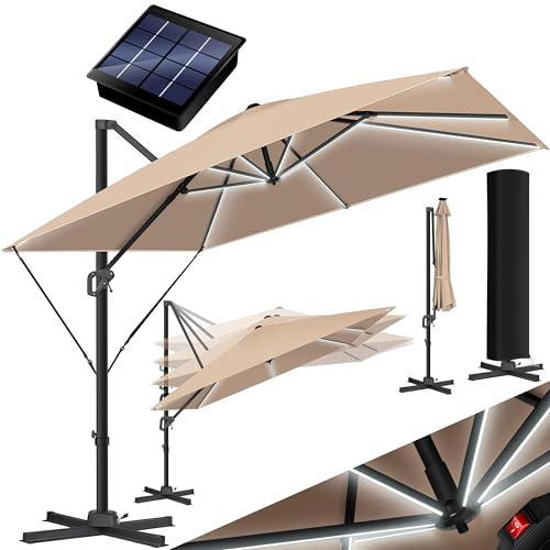 KESSER® Sonnenschirm LED Solar Ampelschirm SUN XL 300 x 300 cm Inkl. Abdeckung +Windsicherung Drehbar Neigbar Kippbar Marktschirm Groß 360° Rotation, Gartenschirm mit Kurbel Sonnenschutz, Taupe
