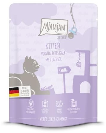 MjAMjAM - Premium Nassfutter für Katzen - Quetschie - Kitten vorzügliches Kalb mit Lachsöl, 1er Pack (1 x 300 g), getreidefrei mit extra viel Fleisch