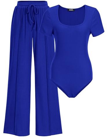 BTFBM Womens Summer 2 Piece Outfits 2026 Square Neck Short Sleeve Drawstring Pants Knit Spring Lounge Matching Sets(Royal Blue, Small)