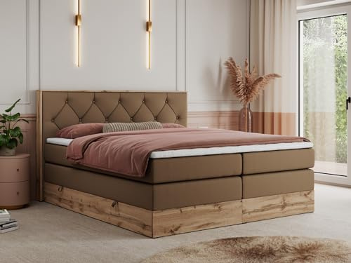 MKS MEBLE King Boxspringbett 200x200 mit Kopfteil und Bettkasten, Polsterbett mit Matratze H4 und Topper T25, Wotan Eiche Dekor - Braun Kunstleder - Veneto King