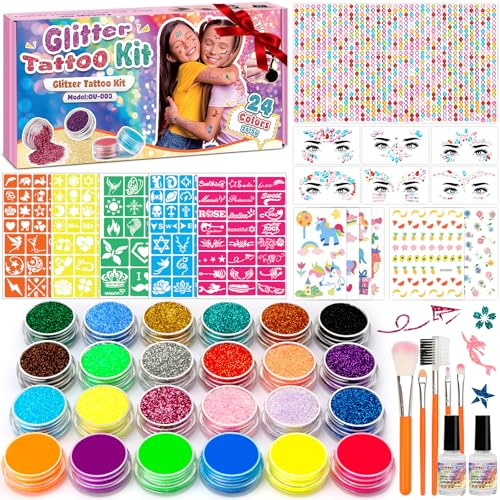 KHOLEZ Glitter Tattoos for Kids, Temporary Face & Body Glitter Make Up Kit - 24 Colours, Stencils, Gems, Rhinestones - Perfect for Birthday, Party, Christmas Gifts