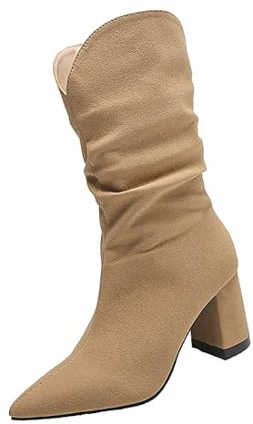 Generico Botas Texanas Camperos Invierno Western Botas de media pantorrilla Botas Camperos Mujer Botines de Punta Botas Mujer Indios Botines Cremallera Equitación Botas, beige, 39 EU