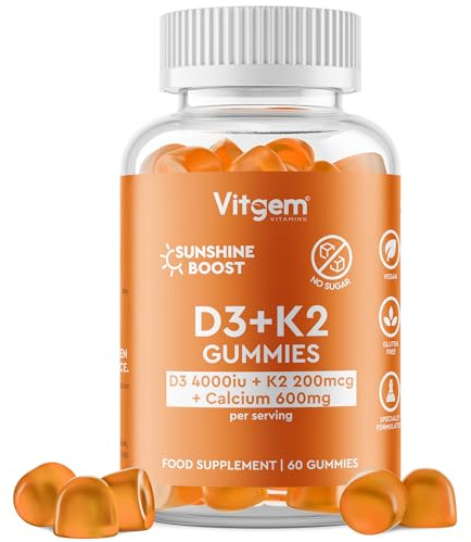 Vitgem 60 Gummies - Vitamin D3 4000 IU + K2 100 µg - Orange Flavored Gummy for Immune and Bone Health Support - High Strength Sunshine Vitamin D Supplement - Vegan, Gluten Free & Sugar Free
