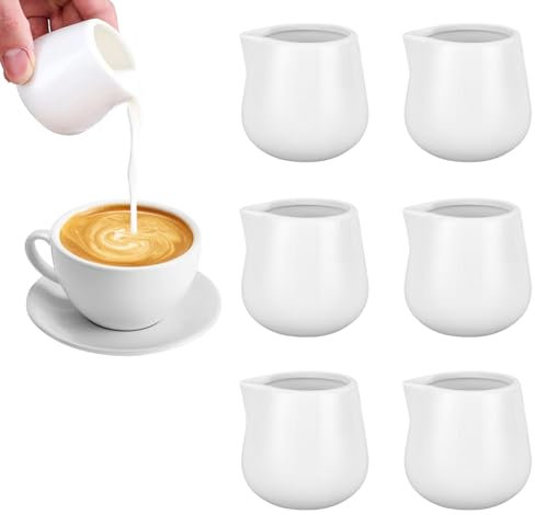 MEETOZ 6Pcs Mini Ceramic Creamer, 3 OZ Small Porcelain Pitcher, Small Syrup Coffee Creamer Pitcher Dispenser, White Ceramic Jug for Coffee Tea Milk Sauce