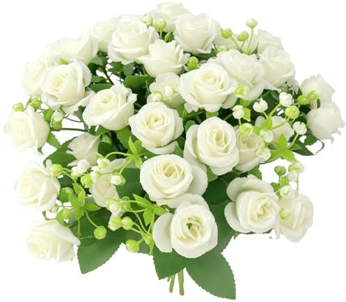 QWORK® 4 mazzi di fiori artificiali bianchi, bouquet decorativi per feste, matrimoni e casa