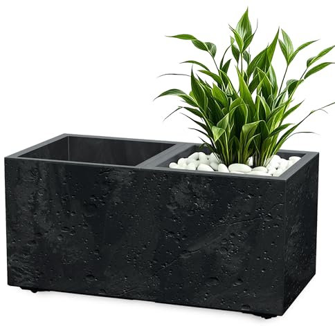 Jardinière en plastique - Aspect béton - 2 compartiments sur roulettes - 77 x 38 cm - Grande jardinière rectangulaire anthracite avec bac à plantes et drainage - Pot de fleurs enroulable pour jardin
