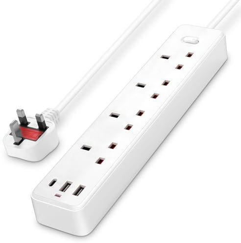 Extension Lead with 4 Way Plug Sockets,Wall Mountable Extension Socket with Individual Switches and 3 USB (1 USB C) Charging Ports,13A 3250W,1.25-1.85M Extension Cord White (White, 1.25M)