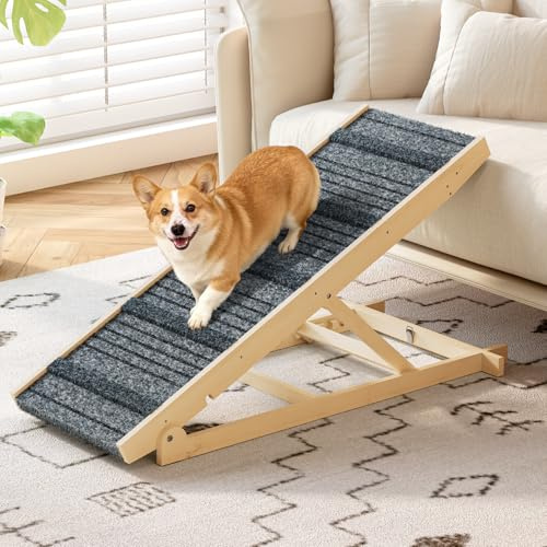 TIMHAKA Dog Ramp for Bed, 40 Inch Dog Ramp for Couch, Supports Up to 150lbs, with 10.2 to 26.8 7 Height Setting, Non Slip Carpet Surface and Foot Pads, Wooden Folding Pet Ramps for High Bed, Sofa