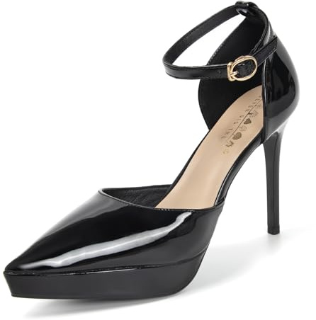 QiBusLeen Décolleté con plateau grosso con cinturino alla caviglia da donna comode da 10 cm chiuse a punta a spillo tacchi alti da donna per feste di nozze incontri scarpe eleganti in vernice, Nero
