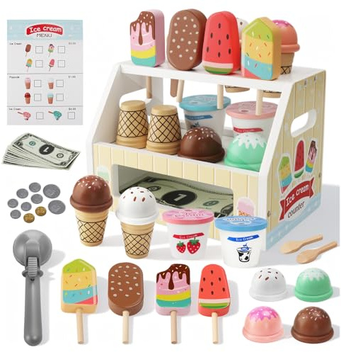 WUSUPU Gelateria Giocattolo per Bambini,Mini Giocattolo per Gelato in Legno,Montessori Gioco di Ruolo Educativo Regalo,Gelateria Giocattoli in Legno per Bambini da 3 4 5 6 Anni Ragazzi Ragazze