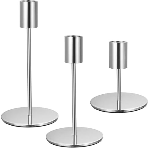 3 Pz Porta Candele da Tavolo, Portacandele Argento, 8.5/14/16cm Candelabro Portacandele in Metallo per Candela cilindrica, Candeliere da Tavolo per Matrimoni Compleanni Natale Decorazioni(Argento)