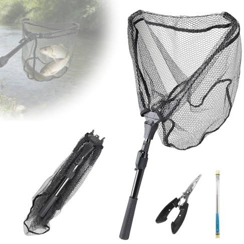 CPROSP Set de Red de Pesca Plegable Telescópica 90CM, Sacadera Pesca con Removedor de Anzuelos y Pinzas, Sacadera Carpfishing para Trucha, Salmón, Bagre, Perca