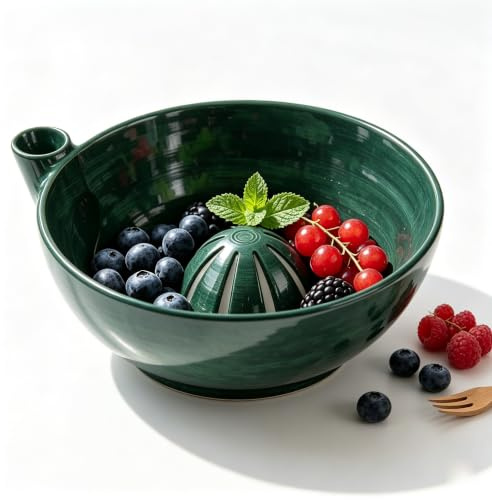 Cuenco de lavado de bayas, cuenco de piedra para lavar bayas con giro automático de 360 grados, para frutas delicadas, colador de doble propósito con drenaje para arándanos y frambuesas