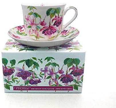 CHINACAVE Bone China Breakfast Cup/Saucer Fuchsia Gift Boxed Postage Free UK